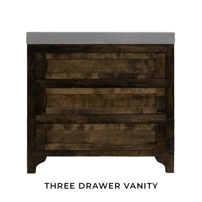 grey concrete vanity with wood base, three drawer