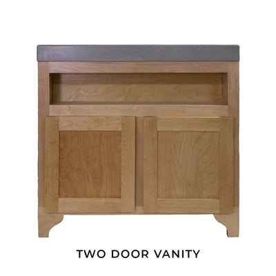 grey concrete vanity with wood base, two door
