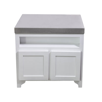 grey and white concrete vanity with wood base, two door